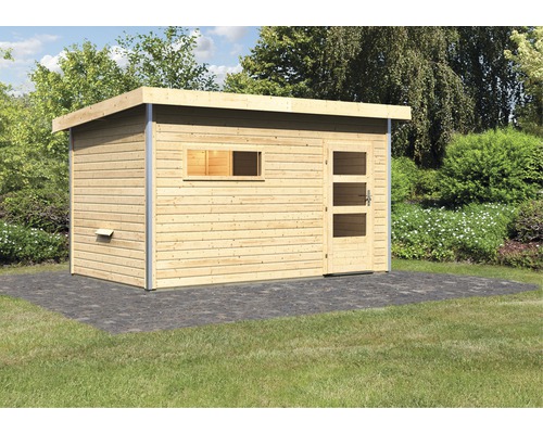 Houten tuinhuis met plat dak, raam en deur