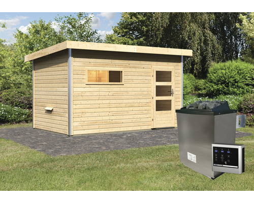 Houten buitensauna met saunakachel