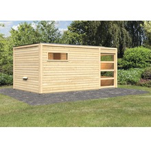 Modern tuinhuis van hout met raam en open voorkant
