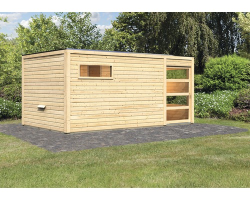 Modern tuinhuis van hout met raam en open voorkant