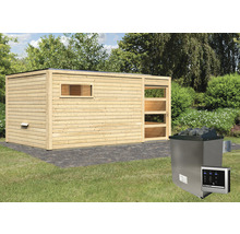 Houten sauna met kachel in de tuin