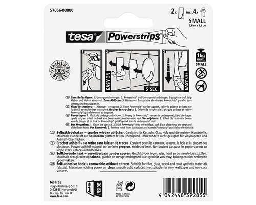 Tesa Powerstrips haak klein, twee stuks, inclusief vier plakstrips, maximale houdkracht één kilogram, van roestvrij staal