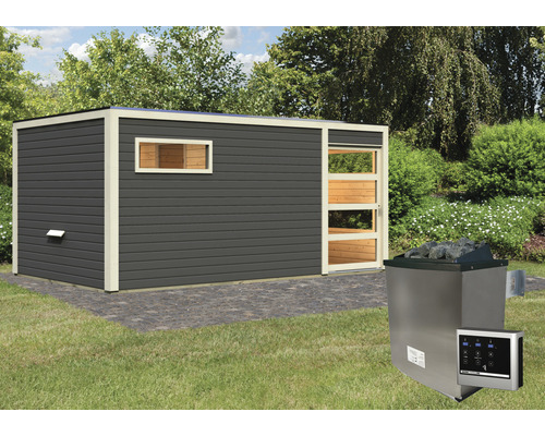 Buitensauna met saunakachel en bedieningspaneel in de tuin