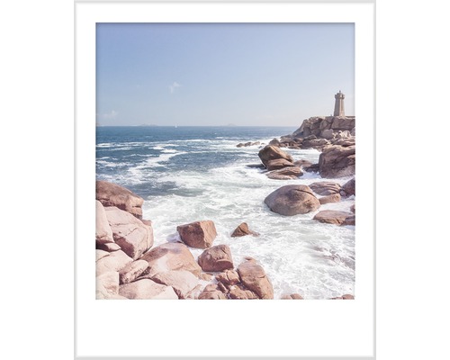 Decoratieve afbeelding met vuurtoren, rotsen en zee