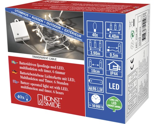 KONSTSMIDE Kerstverlichting LED lichtsnoer op batterij 40 lampjes warmwit 1,9 m Konst Smide lichtketting met led, batterijvoeding, multifunctioneel en timer, 6 uur