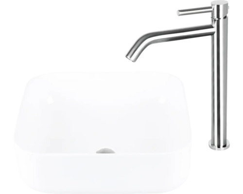 Opzetwastafel van keramiek met wastafelmengkraan van metaal