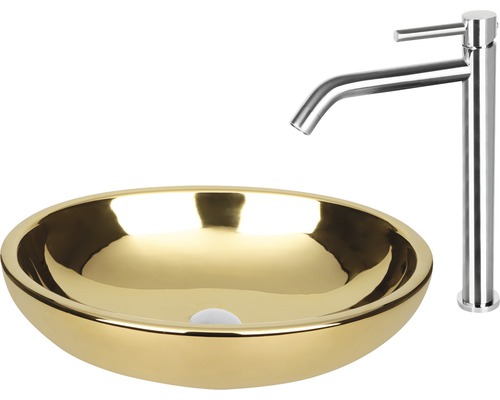 Opzetwastafel met gouden uitstraling en kraan