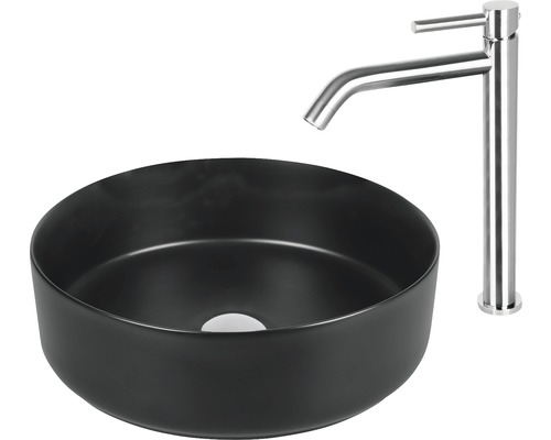 Zwarte opzetwastafel met kraan