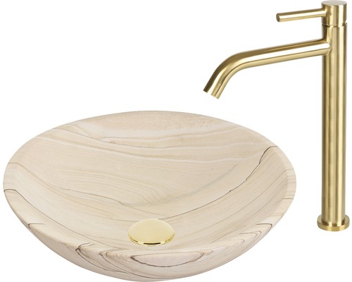 Opzetwastafel van steen met kraan voor de badkamer