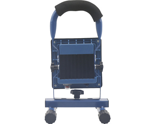 Blauwe led bouwlamp met handgreep en standaard.