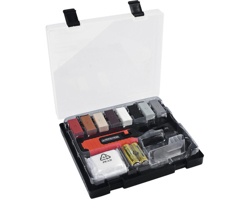 Gereedschapskoffer met reparatiewas en accessoires voor meubelreparatie