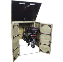 Motorfietsgarage van hout met open deuren en motorfiets