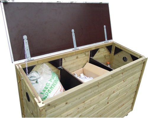 Open houten kist voor afvalscheiding met deksel