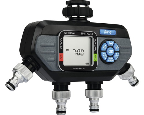 for.q watercomputer met meerdere aansluitingen en digitaal display.