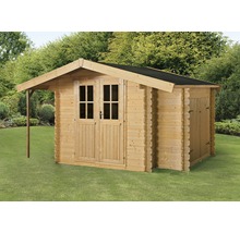 Houten tuinhuis met dubbele deur en aanbouw in de tuin