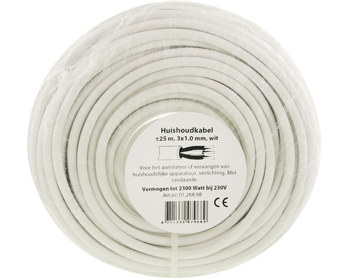 Witte huishoudkabel met een lengte van 25 meter en een diameter van 3x1,0 millimeter.