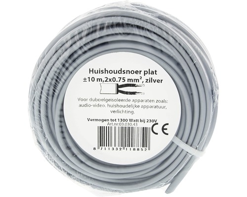 Plat huishoudsnoer, circa 10 meter, 2x0,75 mm