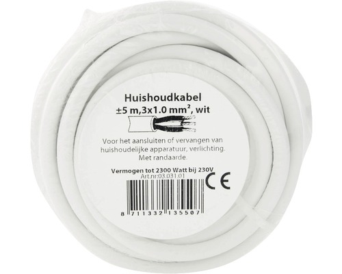Huishoudkabel, vijf meter, drie maal 1,0 vierkante millimeter