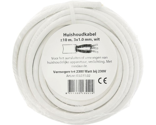 Witte elektriciteitskabel, circa 10 meter, 3x1,0 millimeter