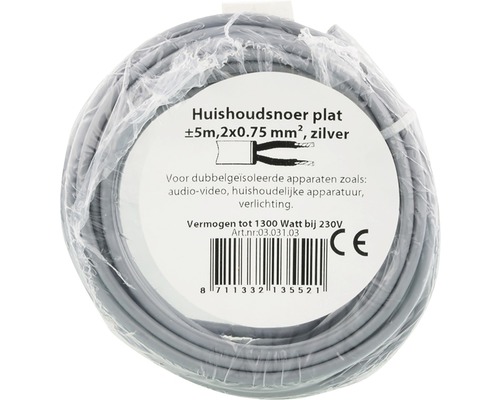 Plat huishoudsnoer, circa 5 m, 2 x 0,75 mm