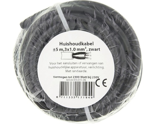 Zwarte huishoudkabelrol, circa 5 meter lang, 3x1.0 mm2
