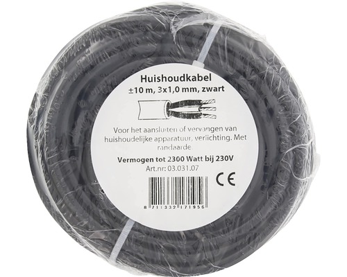 Zwarte huishoudkabel op rol, circa 10 meter lang, 3x1,0 millimeter