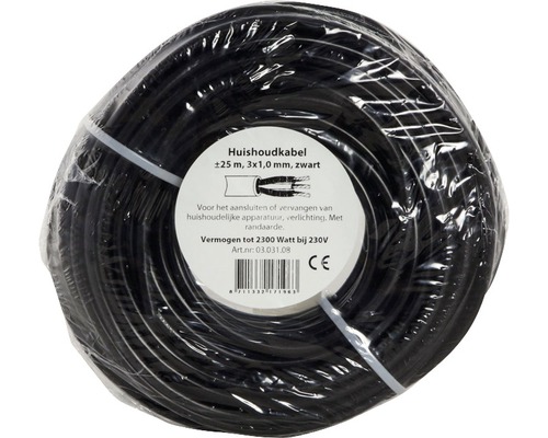 Zwarte huishoudkabel, circa 25 meter, 3x1,0 millimeter
