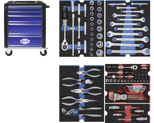 Gereedschapswagen met diverse gereedschappen zoals moersleutels, tangen en schroevendraaiers