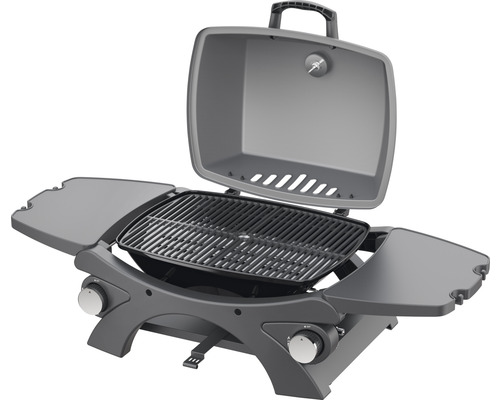 Draagbare gasbarbecue met open deksel en zijplanken