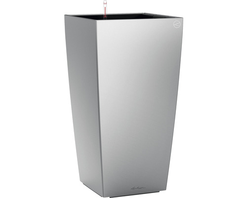 LECHUZA All-in-One Set Plantenbak Cubico Kunststof Zilver 50 cm x 50 cm x 95 cm Hoge, vierkante plantenbak met waterniveau-indicator