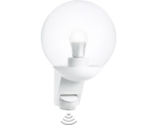 Witte buitenlamp met bewegingsmelder en bolvormige lampenkap