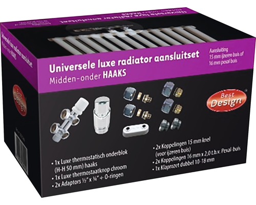 Universele radiator aansluitset luxe chroom midden onder haaks Universele radiator aansluitset luxe chroom midden onder haaks