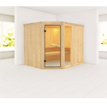 Hoeksauna met glazen deur en houten bekleding aan de binnenzijde
