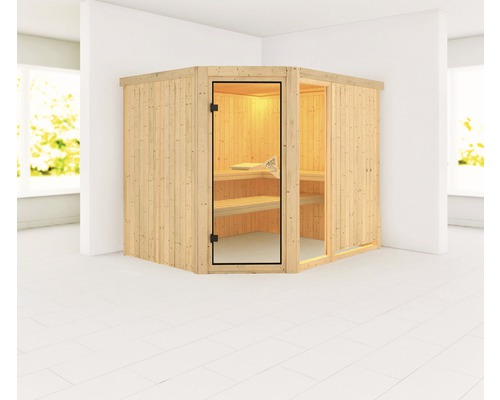 Hoeksauna met glazen deur en houten bekleding aan de binnenzijde