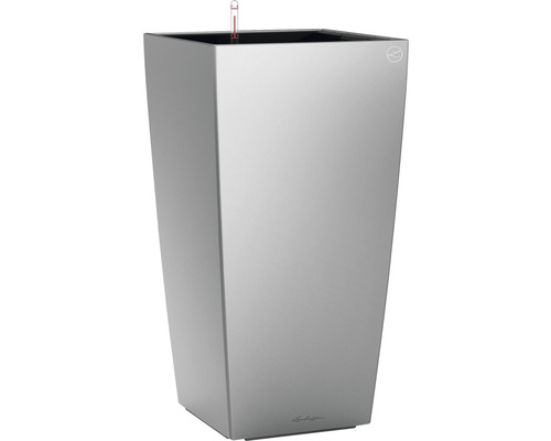 LECHUZA All-in-One Set Plantenbak Cubico Kunststof Zilver 22 cm x 22 cm x 41 cm Hoge, zilverkleurige plantenbak met waterniveau-indicator
