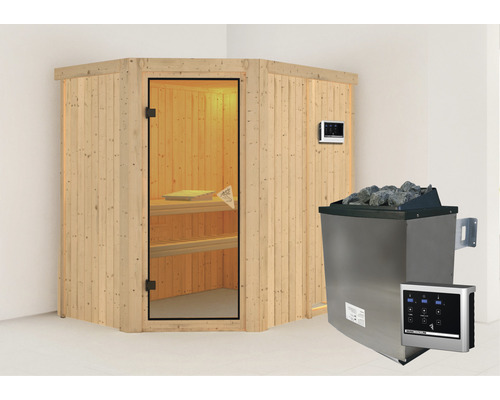 Hoeksauna met glazen deur, bediening en saunakachel