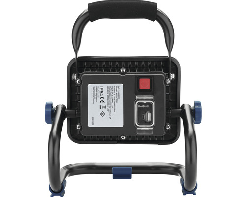 Achterkant van een LED-accu bouwlamp met handgreep en beschermingsklasse IP54