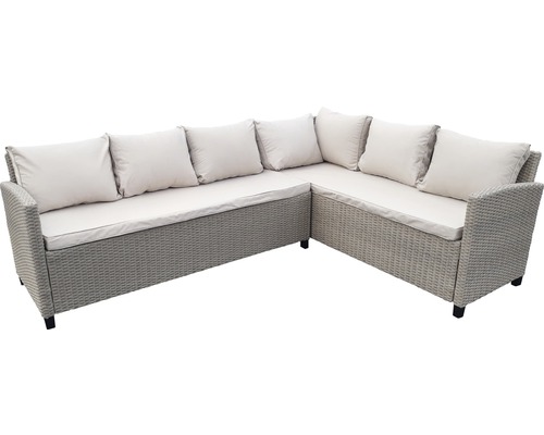 Grijze hoekbank van rattan met kussens