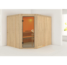 Hoeksauna met glazen deur en houten bekleding voor binnenshuis