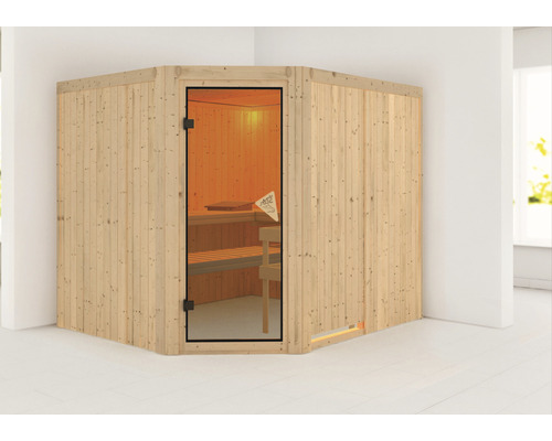 Hoeksauna met glazen deur en houten bekleding voor binnenshuis