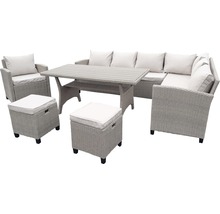 Tuinmeubelset met tafel, hoekbank, fauteuils en voetenbanken van polyrotan