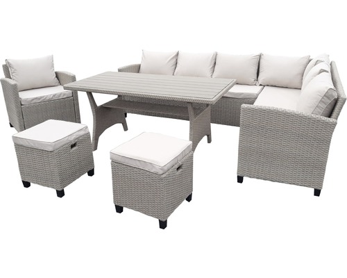 Tuinmeubelset met tafel, hoekbank, fauteuils en voetenbanken van polyrotan