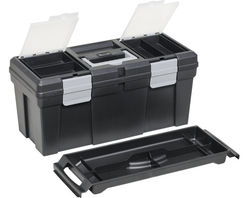 Open zwarte gereedschapskist met uitneembaar vak