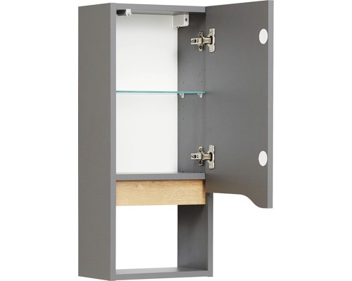 Geopende grijze spiegelkast met glazen plank en verlichting