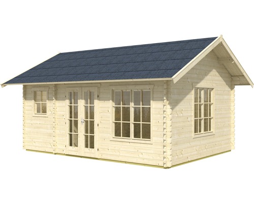 Houten tuinhuis met ramen en dubbele deur