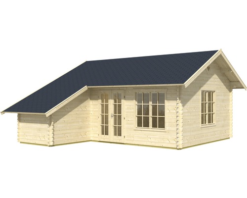 Houten tuinhuis met ramen en dubbele deur