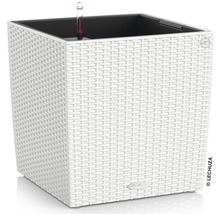 Witte, vierkante plantenbak met irrigatiesysteem en waterniveau-indicator.