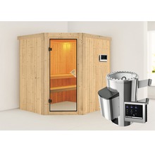 Houten sauna met glazen deur en saunakachel
