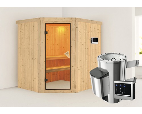 Houten sauna met glazen deur en saunakachel
