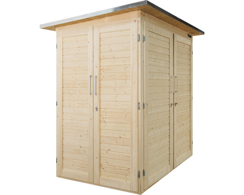 Houten kast met dubbele deuren en metalen dak voor buiten